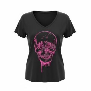 Torrid Black V-Neck Tee with Pink Skull Graphic